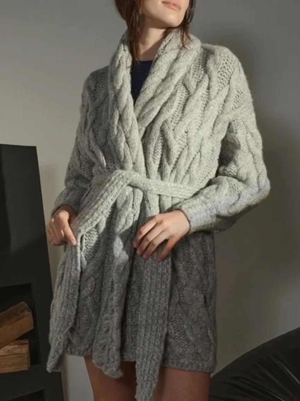 lunya Lofty Wool Cable-Knit Belted Shawl Collar Cardigan Rober size XS/S lounge
